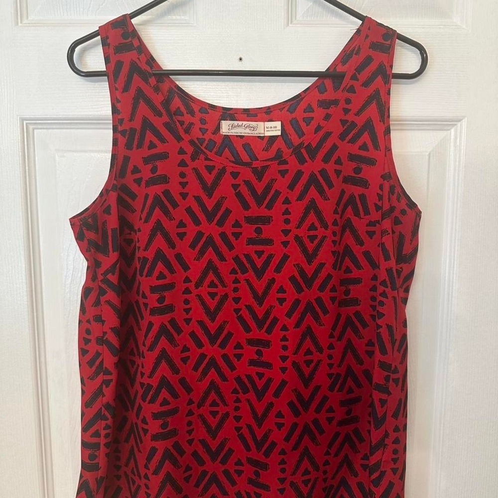 Faded Glory Womens Red Navy Geometric Sleeveless Shell Blouse Work Top M 8-10